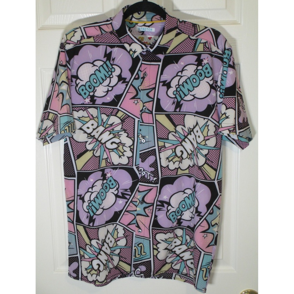 Oh Snap! Drill Clothing Comic Boom Bang Pop Art AOP Button Shirt Stretch M